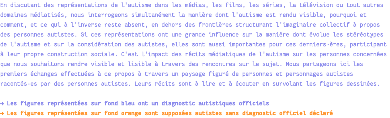 En discutant des représentations de l'autisme dans les médias, les films, les séries, la télévision ou tout autres domaines médiatisés, nous interrogeons simultanément la manière dont l'autisme est rendu visible, pourquoi et comment, et ce qui à l'inverse reste absent, en dehors des frontières structurant l'imaginaire collectif à propos des personnes autistes. Si ces représentations ont une grande influence sur la manière dont évolue les stéréotypes de l'autisme et sur la considération des autistes, elles sont aussi importantes pour ces derniers·ères, participant à leur propre construction sociale. C'est l'impact des récits médiatiques de l'autisme sur les personnes concernées que nous souhaitons rendre visible et lisible à travers des rencontres sur le sujet. Nous partageons ici les premiers échanges effectuées à ce propos à travers un paysage figuré de personnes et personnages autistes racontés·es par des personnes autistes. Leurs récits sont à lire et à écouter en survolant les figures dessinées. → Les figures représentées sur fond bleu ont un diagnostic autistiques officiels → Les figures représentées sur fond orange sont supposées autistes sans diagnostic officiel déclaré