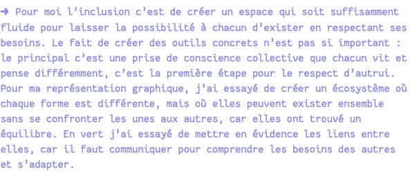 → Pour moi l’inclusion c’est de créer un espace qui soit suffisamment fluide pour laisser la possibilité à chacun d’exister en respectant ses besoins. Le fait de créer des outils concrets n’est pas si important : le principal c’est une prise de conscience collective que chacun vit et pense différemment, c’est la première étape pour le respect d’autrui. Pour ma représentation graphique, j’ai essayé de créer un écosystème où chaque forme est différente, mais où elles peuvent exister ensemble sans se confronter les unes aux autres, car elles ont trouvé un équilibre. En vert j’ai essayé de mettre en évidence les liens entre elles, car il faut communiquer pour comprendre les besoins des autres et s’adapter.